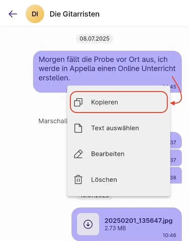 Nachricht kopieren Menü