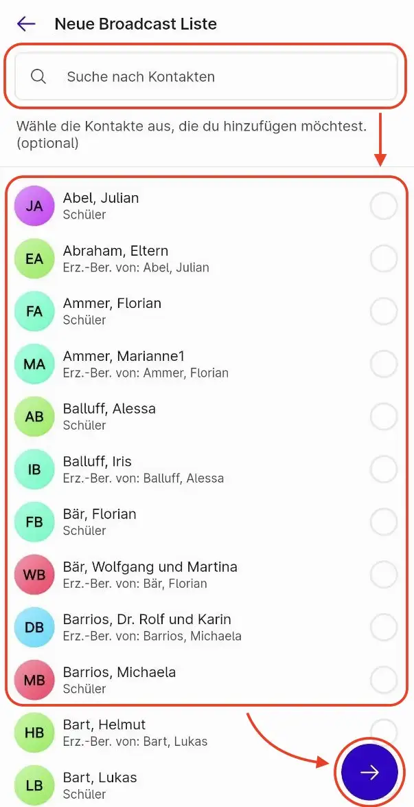 Kontakte für Broadcast auswählen