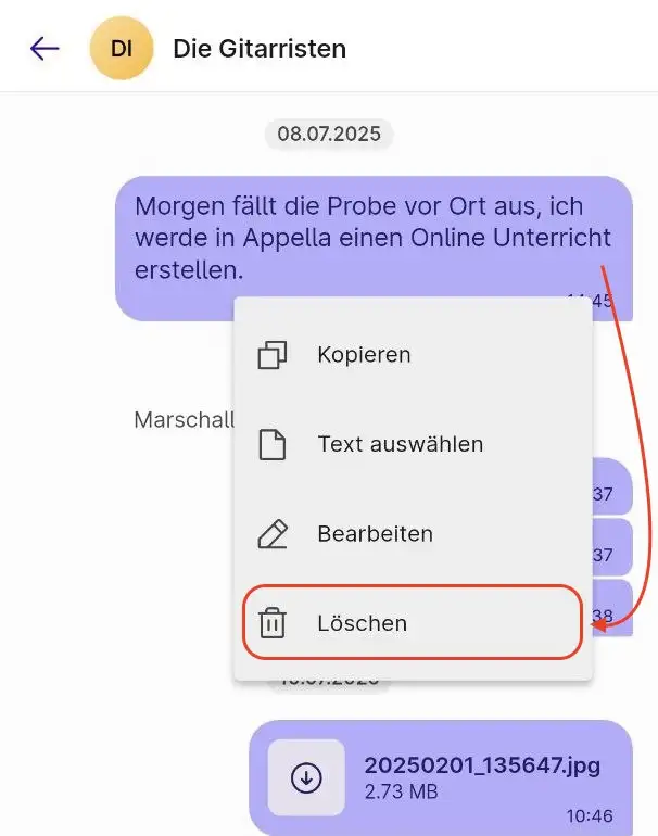 Nachricht löschen Menü